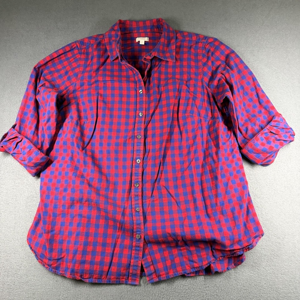 Talbots Shirt Womens 1X Plus Red Blue Plaid Flannel Button Front Long Sleeve
